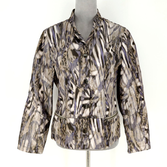 Chicos Jacket 1 Womens Medium 8 Blue Beige Nylon Blazer Ruffle Neck Career - Picture 1 of 15